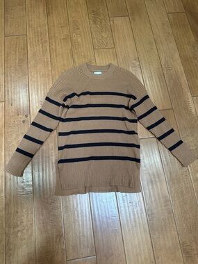 Abercrombie & Fitch Tan Crewneck Sweater with Navy Stripes